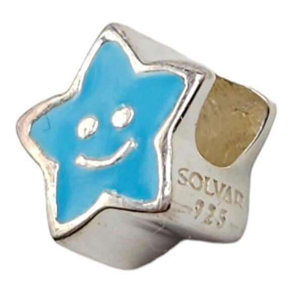 Solvar Sterling Silver Blue Enamel Smile Star Slide Charm Kids New Old Stock - Picture 4 of 4